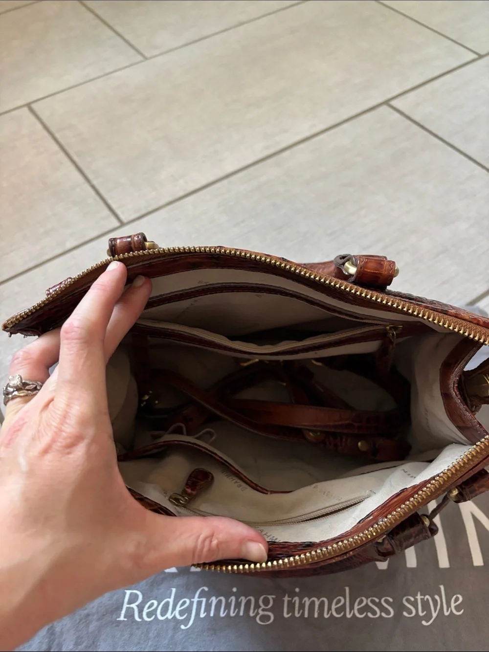 Brahmin Croc-Embossed Satchel in Pecan/Brown with Gold Hardware